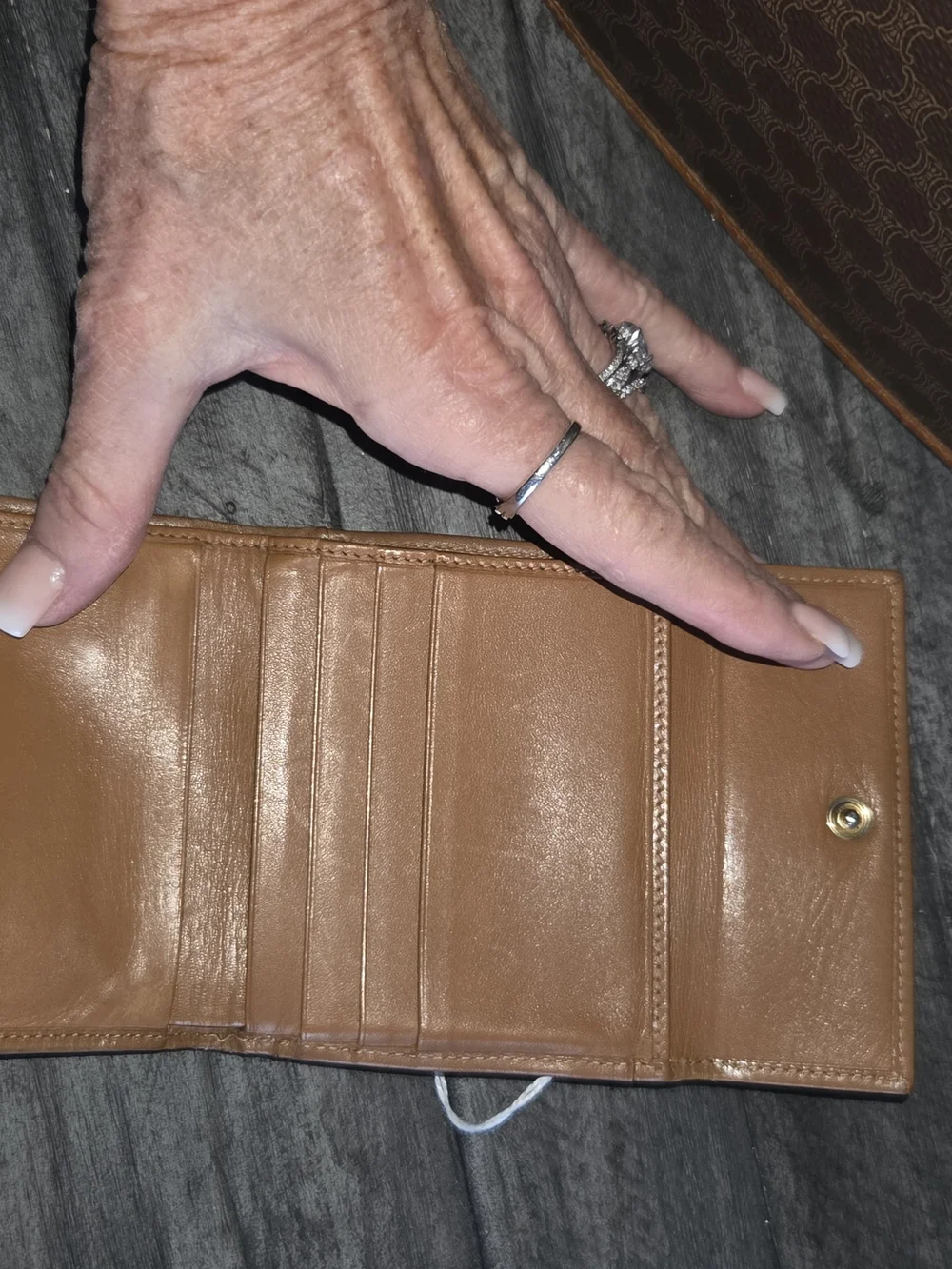 Celine Vintage Brown Patterned Crossbody Bag with Tan Strap And Matching Wallet.